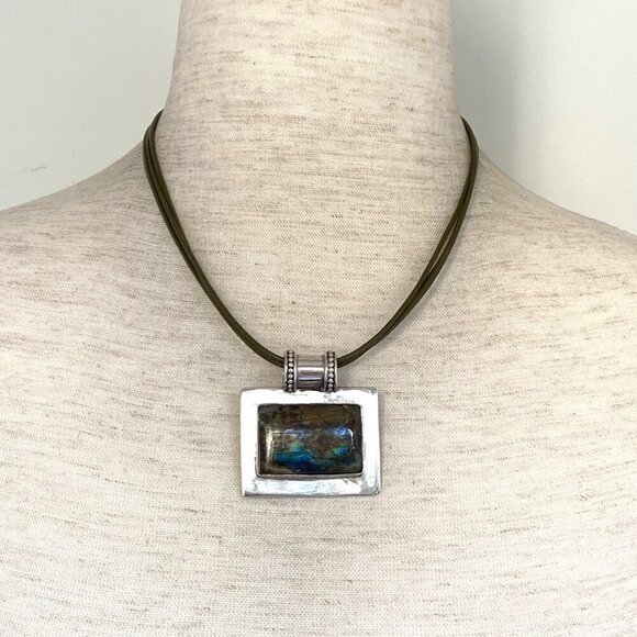 Sterling Silver 925 Chunky Rectangular Labradorite Slide Pendant Necklace 18" - Picture 2 of 16
